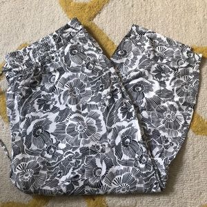 Black & White Floral Linen Drawstring Pants